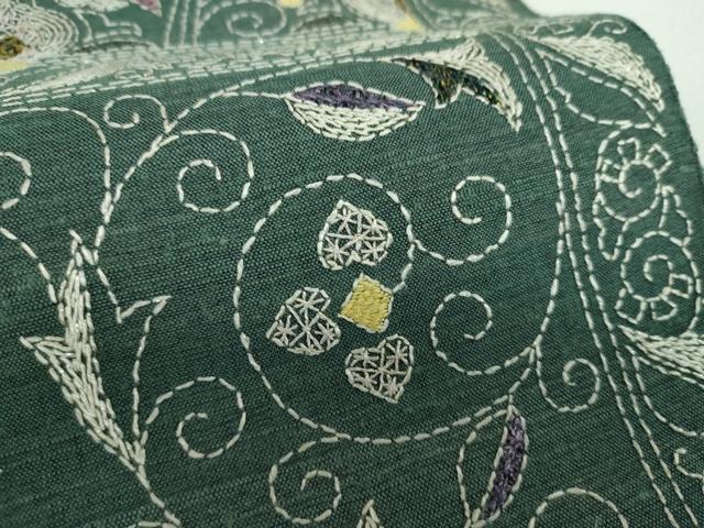 平和屋着物●西陣 じゅらく謹製 袋帯 紬地 刺し子 総刺繍 更紗花文 ラメ糸 正絹 逸品 未使用 DABF7403ps