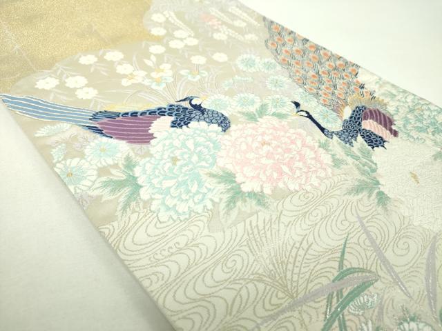 平和屋着物▼六通柄袋帯 唐織 四季草花孔雀文 金銀糸 正絹 逸品 未使用 DABF7430ps
