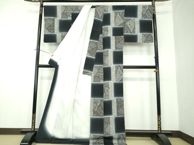 平和屋着物●上質な小紋 鹿の子市松 更紗花文 暈し染め ロング丈 正絹 逸品 DABF7533ps