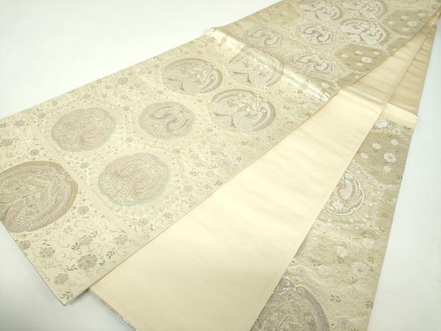 平和屋着物▼六通柄袋帯 向かい鳥亀甲花文 二重箔錦 金銀糸 正絹 逸品 DABF7567ps