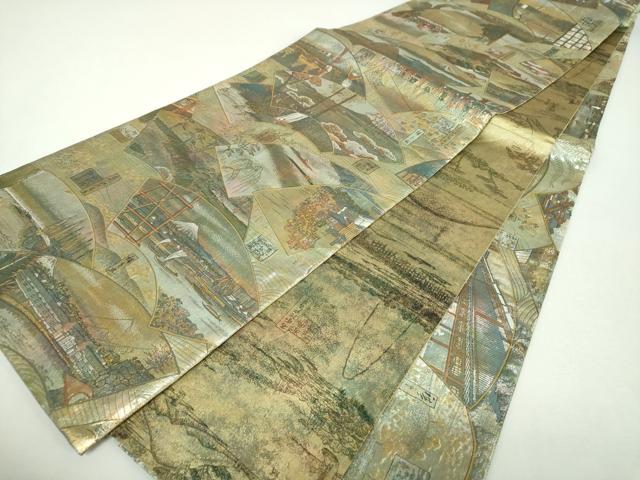 平和屋着物▼極上 西陣あさぎ 両面 全景全通柄袋帯 廣重名作集 名所大江戸百景 金銀糸 正絹 逸品 DABF7584ps