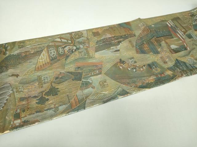 平和屋着物▼極上 西陣あさぎ 両面 全景全通柄袋帯 廣重名作集 名所大江戸百景 金銀糸 正絹 逸品 DABF7584ps