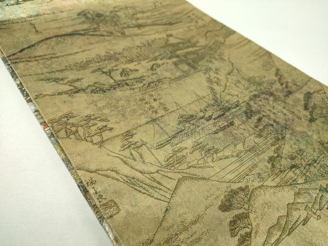 平和屋着物▼極上 西陣あさぎ 両面 全景全通柄袋帯 廣重名作集 名所大江戸百景 金銀糸 正絹 逸品 DABF7584ps
