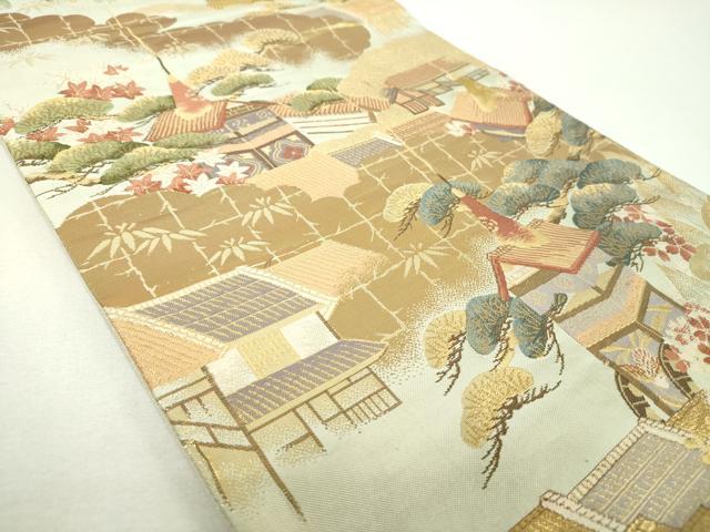 平和屋着物▼六通柄袋帯 雲取り風景花文 金糸 正絹 逸品 DABF7682ps