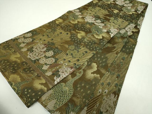 平和屋着物▼アンティーク 大正ロマン 丸帯 唐織 引き抜き帯 孔雀花文 正絹 逸品 DABF7689ps