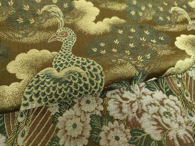 平和屋着物▼アンティーク 大正ロマン 丸帯 唐織 引き抜き帯 孔雀花文 正絹 逸品 DABF7689ps
