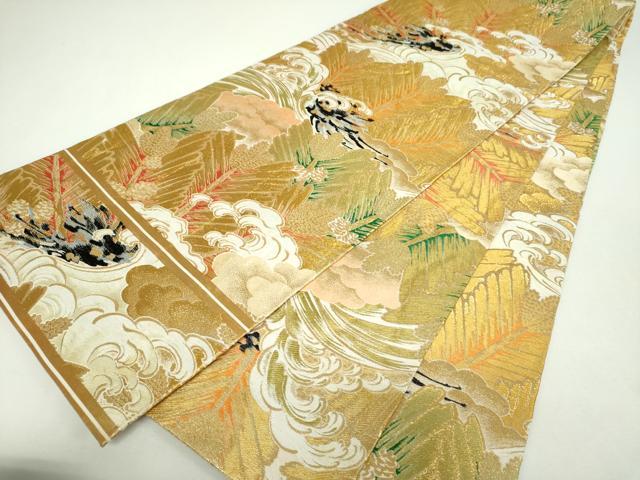 平和屋着物▼アンティーク 大正ロマン 丸帯 唐織 立波若松葉 金糸 正絹 逸品 DABF7690ps