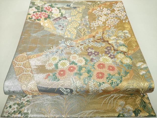 平和屋着物▼六通柄袋帯 唐織 流水吉祥花絵巻 金銀糸 引箔 正絹 逸品 DABF7691ps