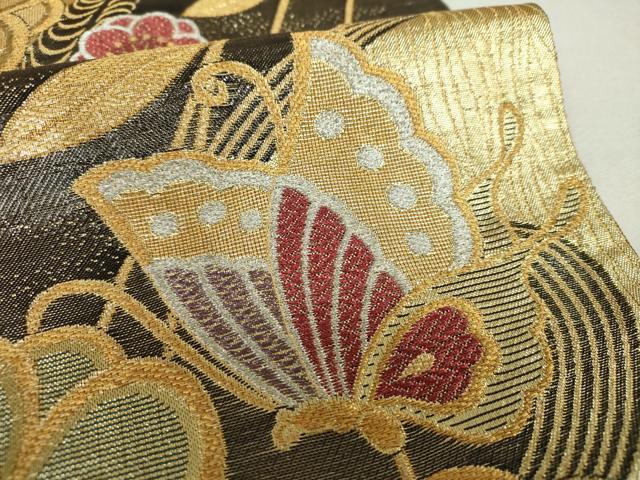 平和屋着物▼両面 六通柄袋帯 舞蝶梅文 金銀糸 正絹 逸品 DABF7694ps