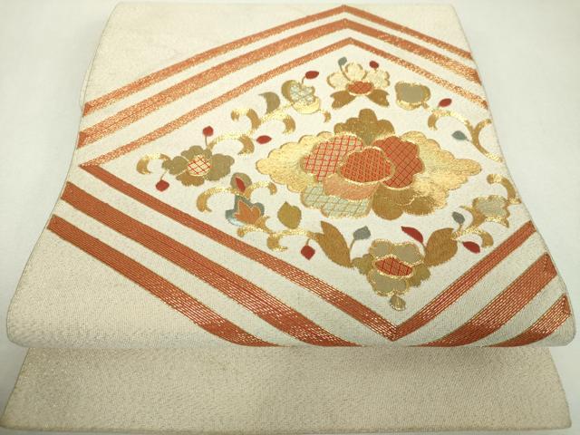 平和屋着物▼八寸名古屋帯 駒刺繍 総刺繍 花菱文 金糸 正絹 逸品 DABF7695ps
