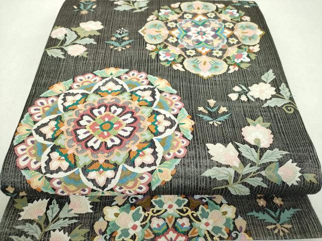 平和屋着物*極上 夏物 明綴れ 袋帯 正倉院花文 黒地 金銀糸 正絹 逸品 DABF7701ps