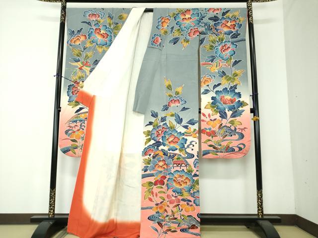 平和屋着物●豪華振袖 紅型 流水風景花鳥文 暈し染め 正絹 逸品 DABF7710ps
