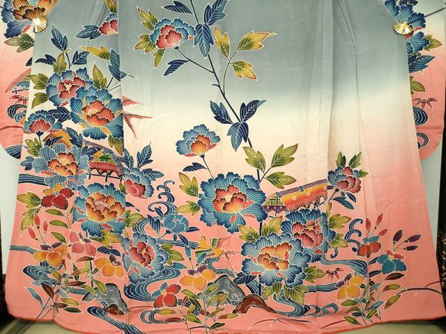 平和屋着物●豪華振袖 紅型 流水風景花鳥文 暈し染め 正絹 逸品 DABF7710ps