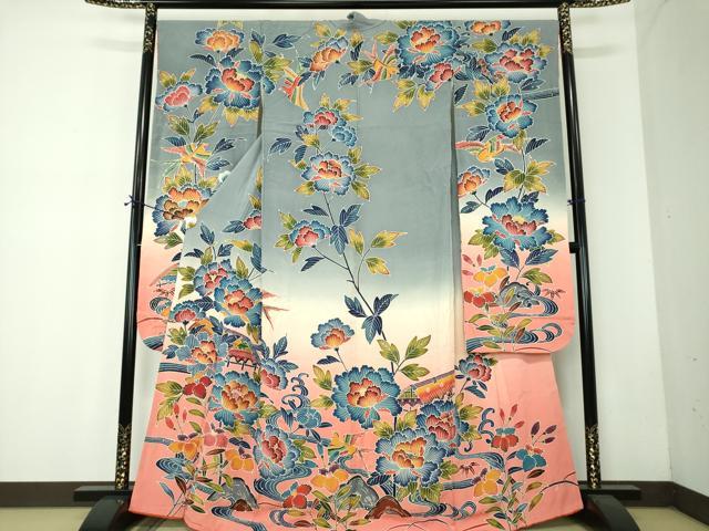平和屋着物●豪華振袖 紅型 流水風景花鳥文 暈し染め 正絹 逸品 DABF7710ps