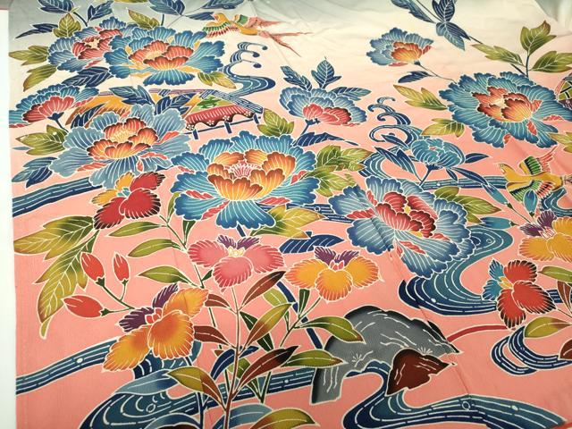 平和屋着物●豪華振袖 紅型 流水風景花鳥文 暈し染め 正絹 逸品 DABF7710ps