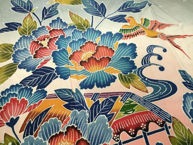 平和屋着物●豪華振袖 紅型 流水風景花鳥文 暈し染め 正絹 逸品 DABF7710ps