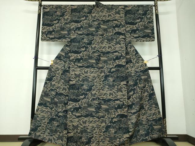 平和屋着物●上質な小紋 紬地 藍 舞蝶文 帆掛け舟 正絹 逸品 DABF7715ps
