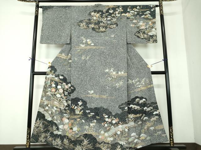 平和屋着物●訪問着 雲取り風景花文 たたき染め 金彩 正絹 逸品 DABF7741ps