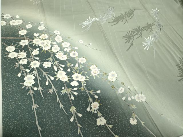 平和屋着物●十日町友禅作家 阿部佳雪 訪問着 枝垂れ桜 若松葉 暈し染め 反端付き 正絹 逸品 未使用 DABF7747ps