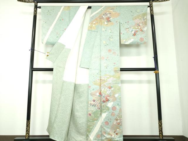平和屋着物●訪問着 刺繍 扇面飛鶴花文 たたき染め 金彩 正絹 逸品 DABF7755ps