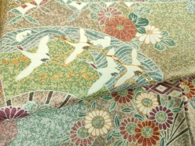 平和屋着物●訪問着 刺繍 扇面飛鶴花文 たたき染め 金彩 正絹 逸品 DABF7755ps