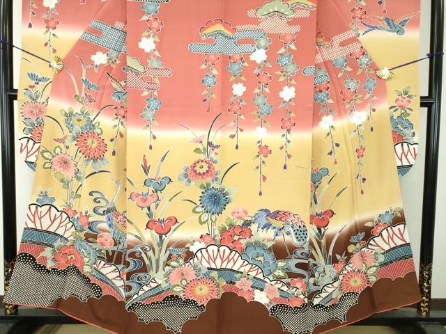 平和屋着物●豪華振袖 紅型 枝垂れ桜 流水花鳥文 暈し染め 正絹 逸品 DABF7759ps