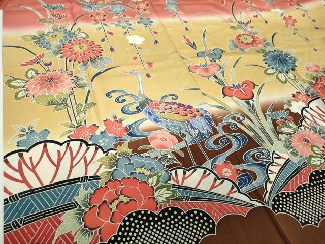 平和屋着物●豪華振袖 紅型 枝垂れ桜 流水花鳥文 暈し染め 正絹 逸品 DABF7759ps