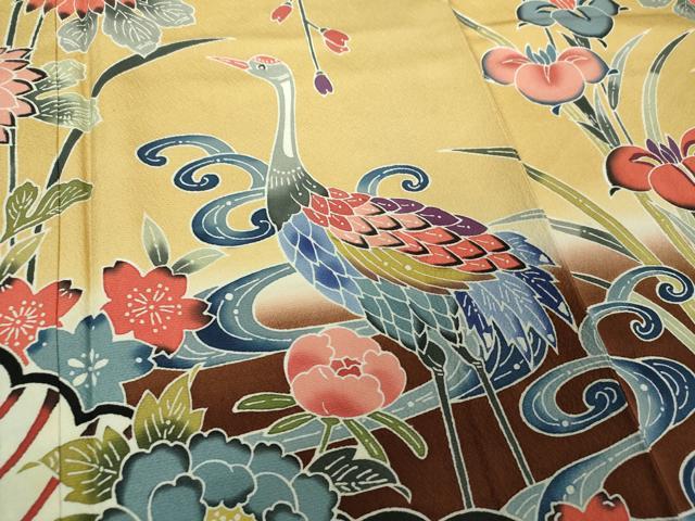 平和屋着物●豪華振袖 紅型 枝垂れ桜 流水花鳥文 暈し染め 正絹 逸品 DABF7759ps