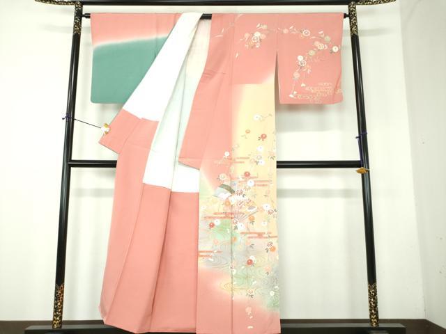 平和屋着物●訪問着 枝垂れ花 扇面宝尽くし 暈し染め 金銀彩 正絹 逸品 DABF7764ps