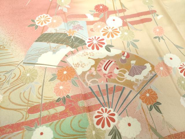 平和屋着物●訪問着 枝垂れ花 扇面宝尽くし 暈し染め 金銀彩 正絹 逸品 DABF7764ps
