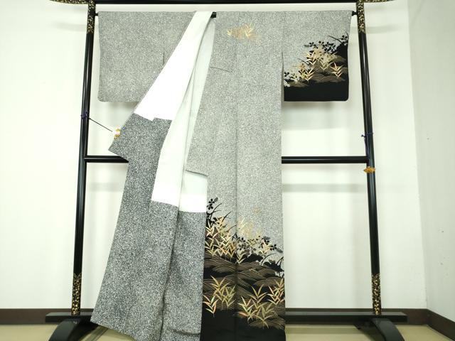 平和屋着物●訪問着 立波草葉文 草花シルエット たたき染め 金彩 正絹 逸品 DABF7803ps