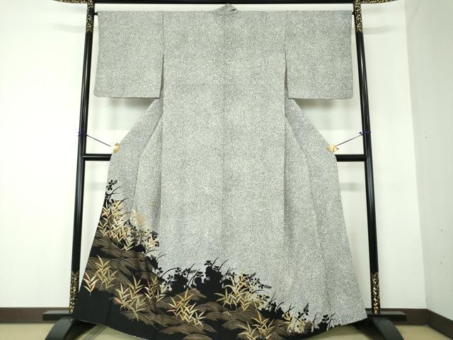 平和屋着物●訪問着 立波草葉文 草花シルエット たたき染め 金彩 正絹 逸品 DABF7803ps
