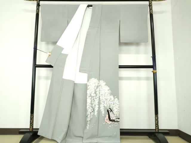 平和屋着物●京童人形絵師 高橋翠延 色留訪問着 手描き 枝垂れ桜 平安人物文 金彩 正絹 逸品 DABF7804ps