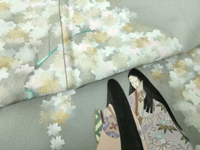 平和屋着物●京童人形絵師 高橋翠延 色留訪問着 手描き 枝垂れ桜 平安人物文 金彩 正絹 逸品 DABF7804ps