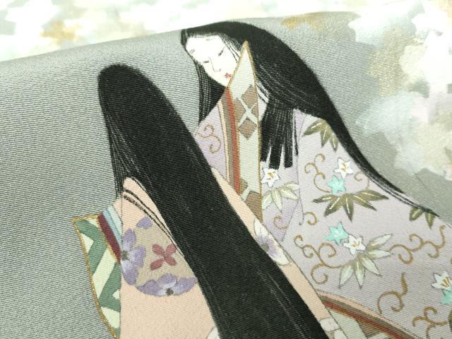 平和屋着物●京童人形絵師 高橋翠延 色留訪問着 手描き 枝垂れ桜 平安人物文 金彩 正絹 逸品 DABF7804ps