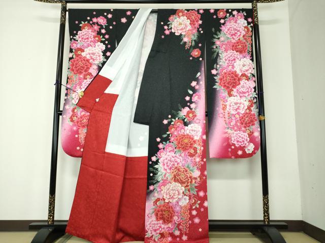 平和屋着物●豪華振袖 刺繍 舞桜 草花文 暈し染め 金糸 銀通し地 正絹 逸品 DABF7813ps