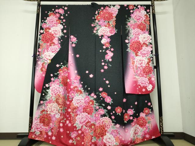 平和屋着物●豪華振袖 刺繍 舞桜 草花文 暈し染め 金糸 銀通し地 正絹 逸品 DABF7813ps