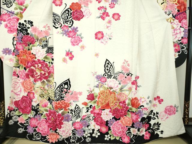平和屋着物●豪華振袖 刺繍 舞蝶花文 金彩 銀通し地 正絹 逸品 DABF7815ps