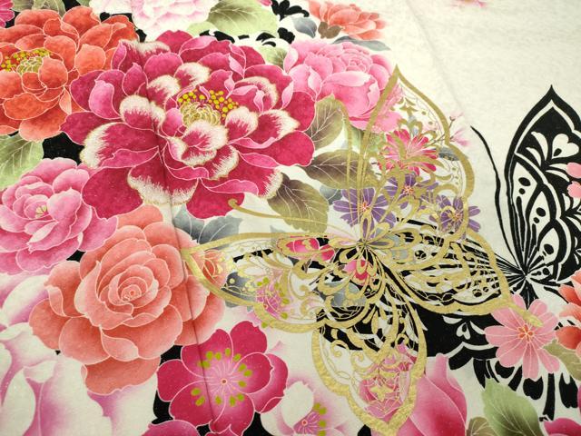 平和屋着物●豪華振袖 刺繍 舞蝶花文 金彩 銀通し地 正絹 逸品 DABF7815ps