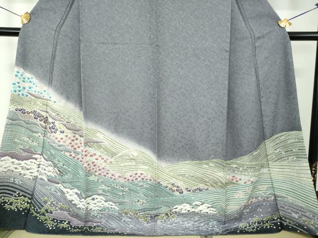 平和屋着物●中国三大刺繍 相良刺繍 訪問着 おぼろ染め 襲絞り 立波松竹梅 銀通し地 正絹 逸品 DABF7820ps