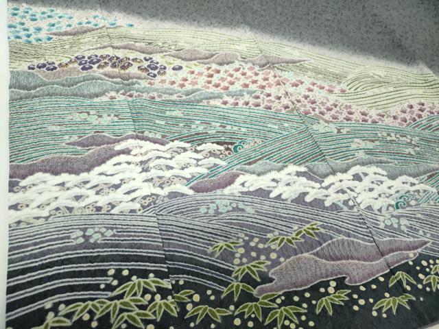 平和屋着物●中国三大刺繍 相良刺繍 訪問着 おぼろ染め 襲絞り 立波松竹梅 銀通し地 正絹 逸品 DABF7820ps
