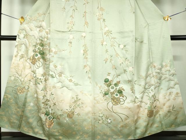 平和屋着物●訪問着 枝垂れ桜 花籠文 暈し染め 金彩 正絹 逸品 DABF7842ps