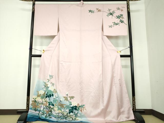 平和屋着物●二代目清次郎 手描き 訪問着 草花文 暈し染め ロング丈 正絹 逸品 DABF7843ps