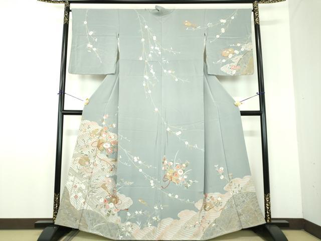 平和屋着物●訪問着 駒刺繍 雲取り立波扇面花文箱 金彩 正絹 逸品 DABF7888ps