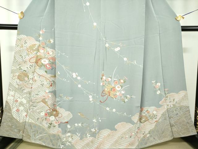 平和屋着物●訪問着 駒刺繍 雲取り立波扇面花文箱 金彩 正絹 逸品 DABF7888ps