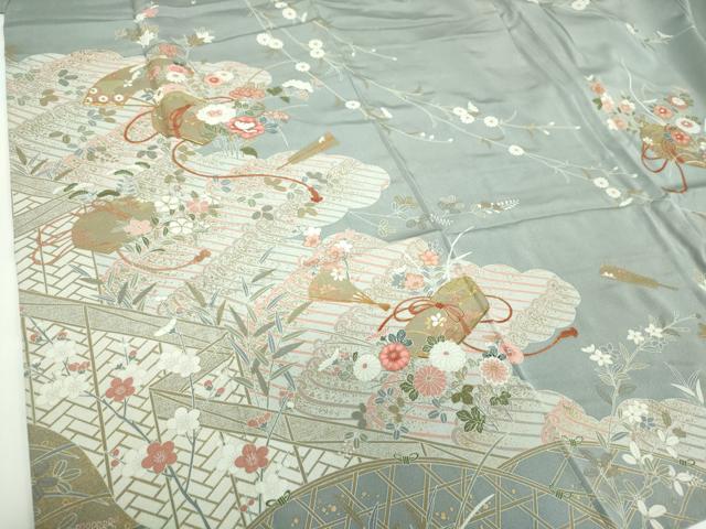 平和屋着物●訪問着 駒刺繍 雲取り立波扇面花文箱 金彩 正絹 逸品 DABF7888ps