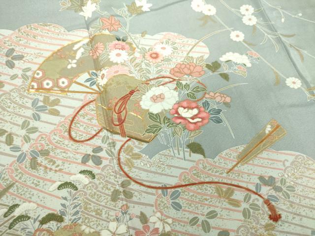 平和屋着物●訪問着 駒刺繍 雲取り立波扇面花文箱 金彩 正絹 逸品 DABF7888ps
