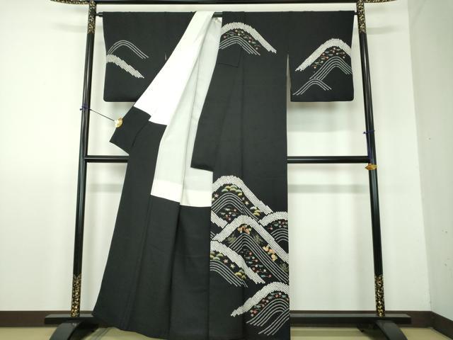 平和屋着物●訪問着 絞り 流水松竹梅 黒地 金彩 正絹 逸品 DABF7895ps