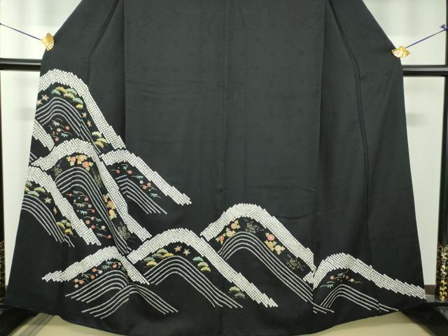 平和屋着物●訪問着 絞り 流水松竹梅 黒地 金彩 正絹 逸品 DABF7895ps