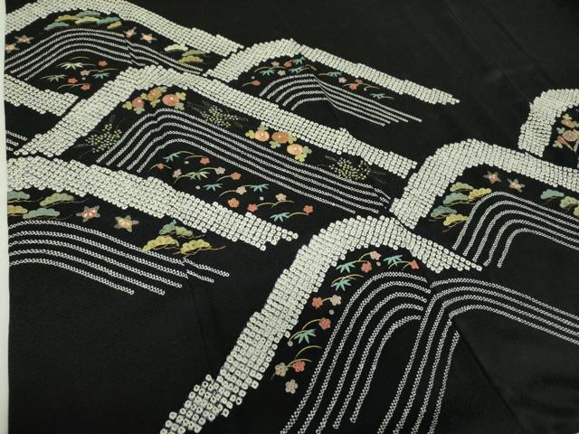 平和屋着物●訪問着 絞り 流水松竹梅 黒地 金彩 正絹 逸品 DABF7895ps